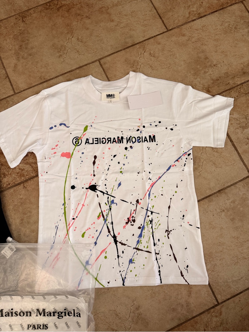 Maison Martin Margiela White Paint-Splatter Short Sleeve Tee